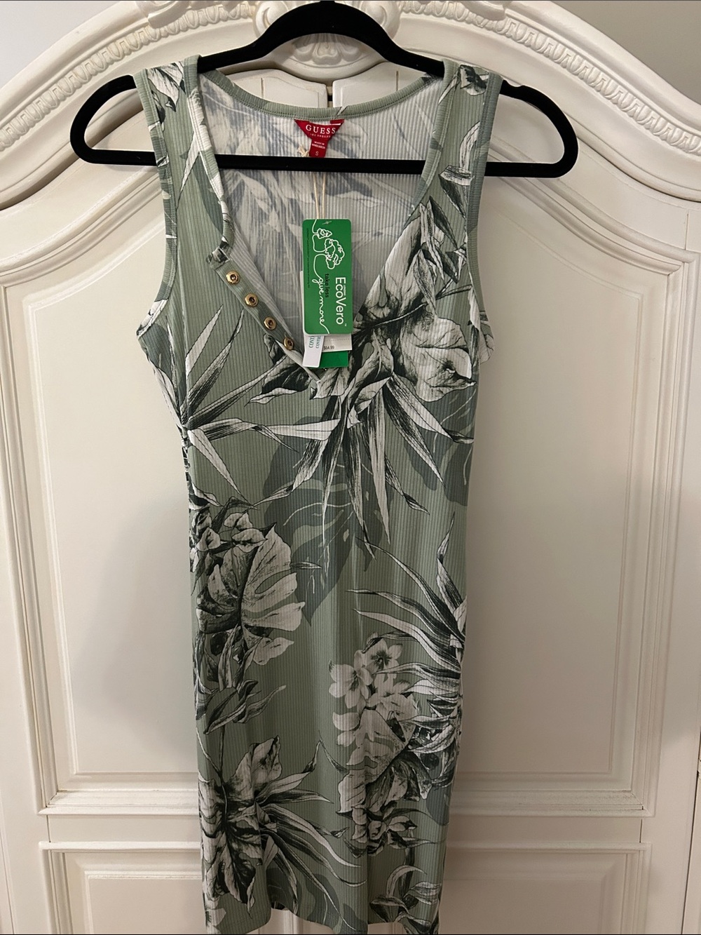 Guess Olive Green Floral Ribbed Tank Dress with Button Accent